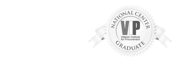Two logos: One for Service Disabled Veteran Owned Small Business (SDVOSB) and one for Veteran Institute for Procurement (VIP) National Center Graduate